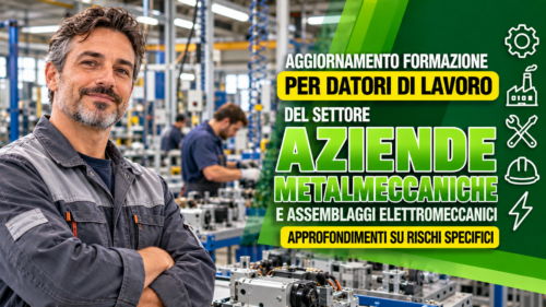 Aggiornamento formazione per datori di lavoro del settore aziende metalmeccaniche e assemblaggi elettromeccanici. Approfondimenti su rischi specifici.