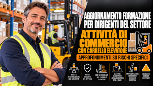 Aggiornamento formazione per dirigenti del settore attività di commercio con carrello elevatore. Approfondimenti su rischi specifici.