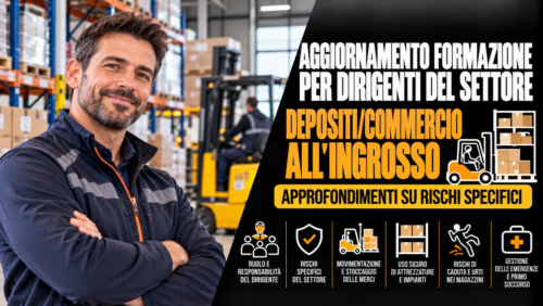 Aggiornamento formazione per dirigenti del settore depositi/commercio all'ingrosso. Approfondimenti su rischi specifici.
