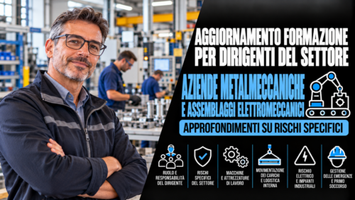 Aggiornamento formazione per dirigenti del settore aziende metalmeccaniche e assemblaggi elettromeccanici. Approfondimenti su rischi specifici.