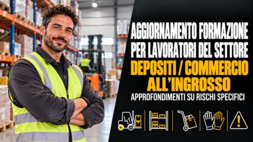 Aggiornamento formazione per lavoratori del settore depositi/commercio all'ingrosso. Approfondimenti su rischi specifici.