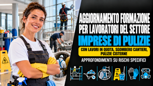Aggiornamento formazione per lavoratori del settore imprese di pulizie con lavori in quota, sgombero cantieri, pulizie cisterne. Approfondimenti su rischi specifici.