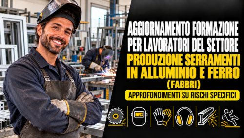 Aggiornamento formazione per lavoratori del settore produzione serramenti in alluminio e ferro (fabbri). Approfondimenti su rischi specifici.